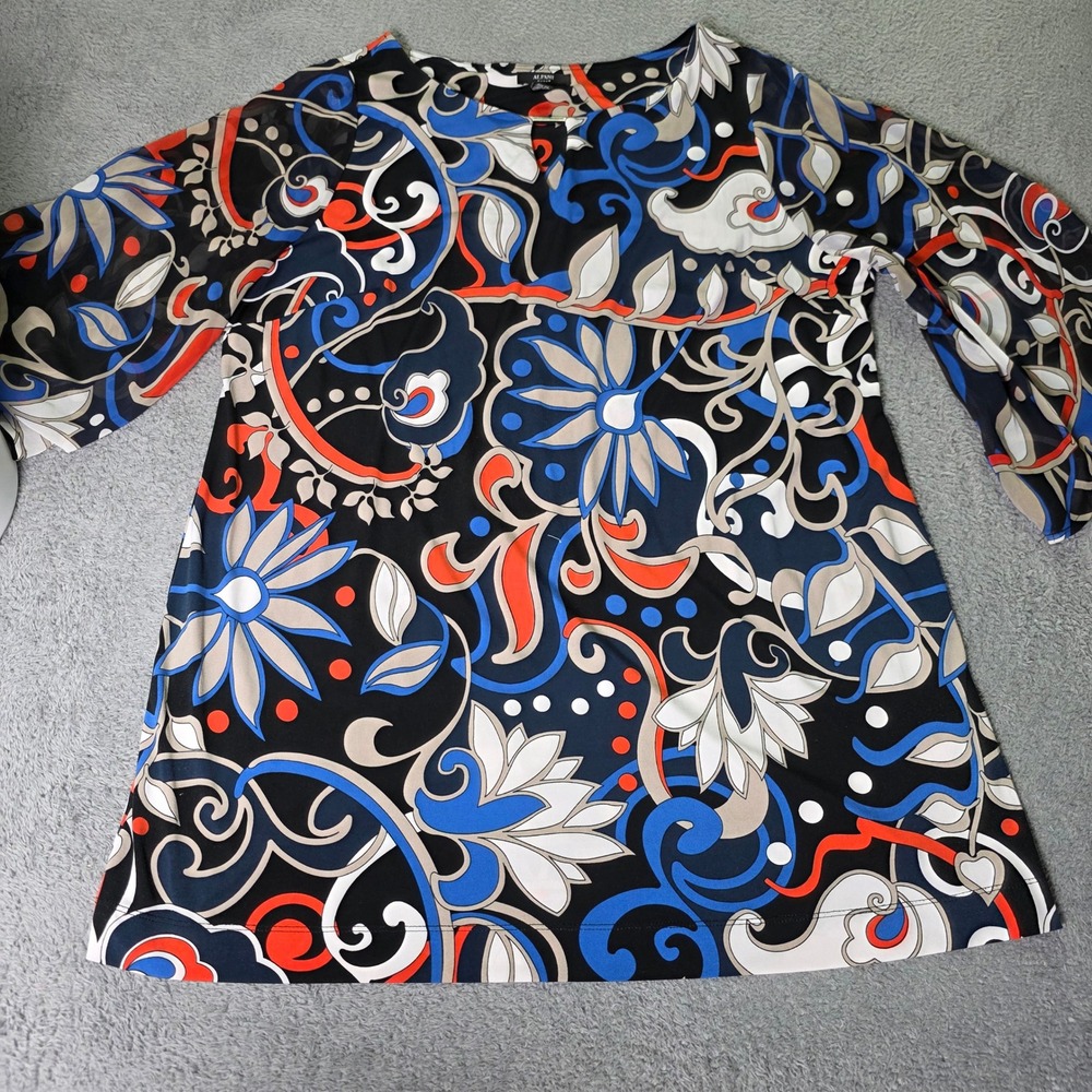 Alfani Woman 2X Blouse Multicolor Psychedelic Floral Sheer Bell Sleeve Top